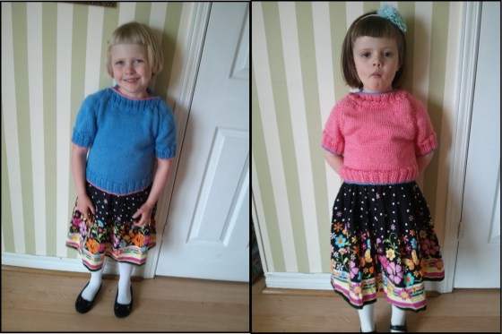 Raine & Athena on Good Friday modeling the sweaters I made them