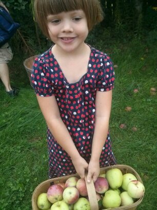Athena apple picking in her apple dress